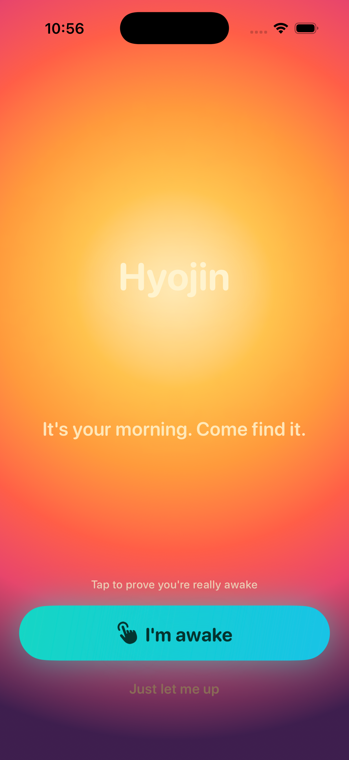 Beckon waking you by calling your name as the sun, over a vivid sunrise gradient, with a cool “I’m awake” cue